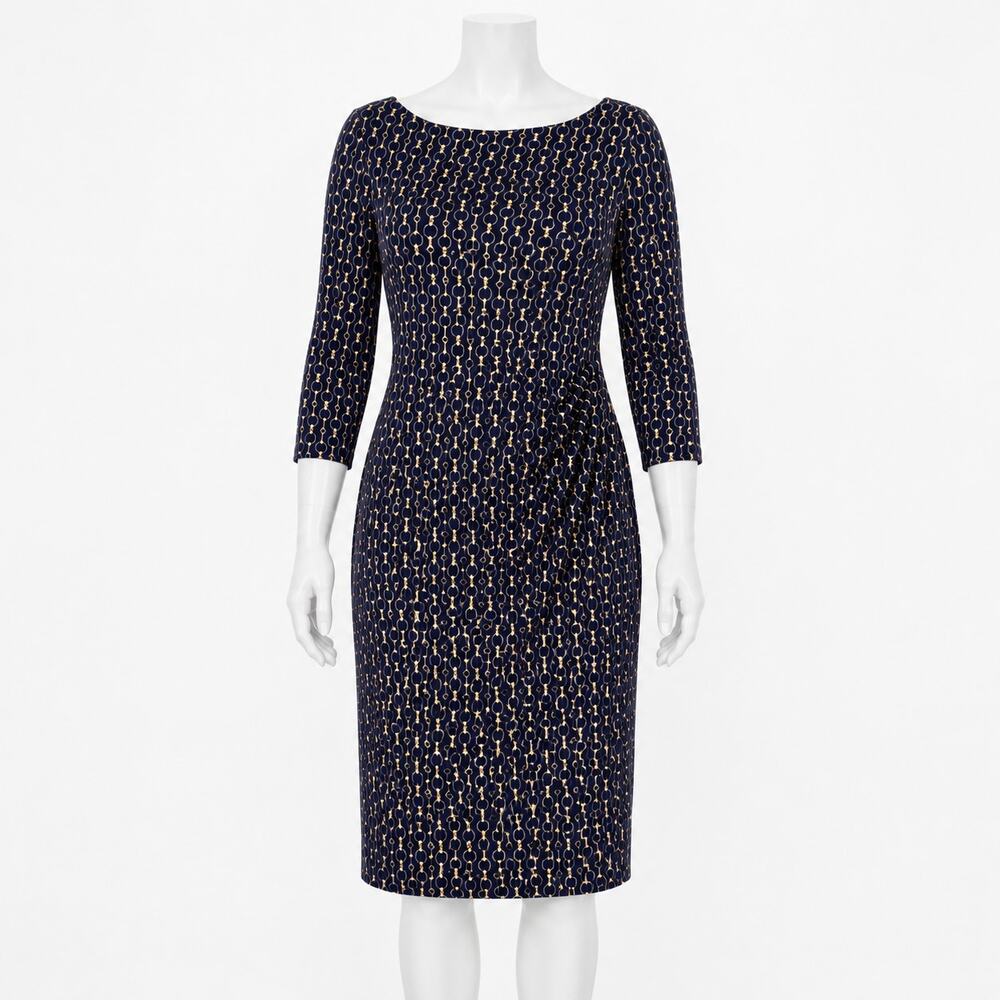 Ralph Lauren Dress Womens Sz 14 Navy Gold Horsebit Equestrian Ruched Sheath